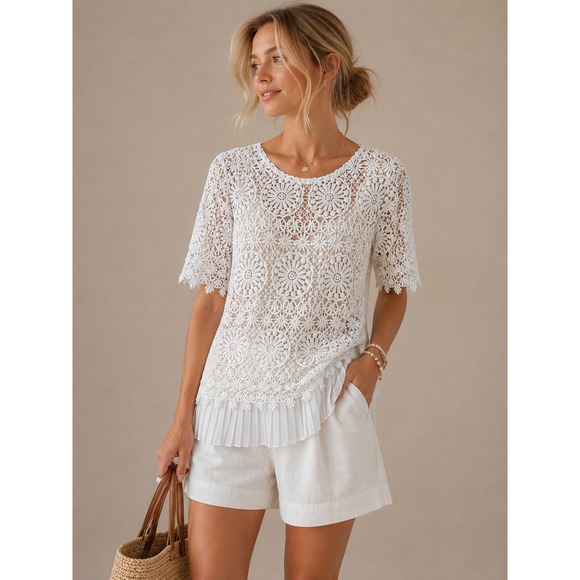 Chico's Tops - Chico's White Lace Crochet Tunic Top with Pleated Hem – Size‎ 2 (Large)